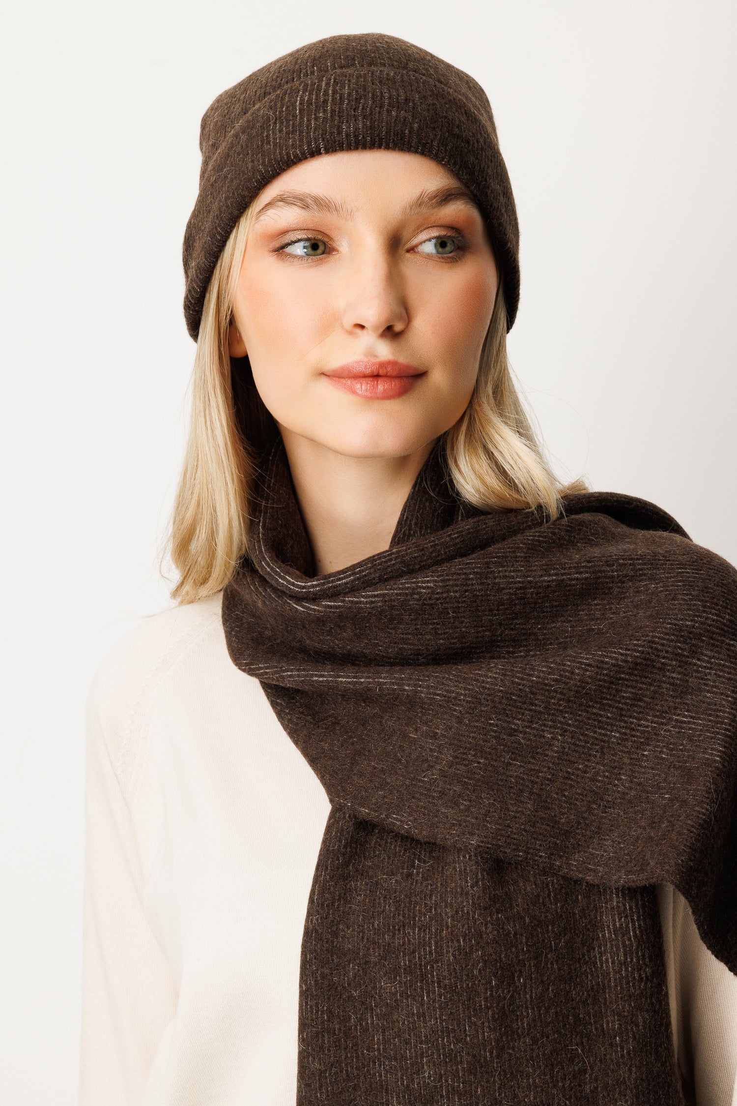 ARTEMIS BEANIE & SCARF WOOL SET BROWN-ECRU