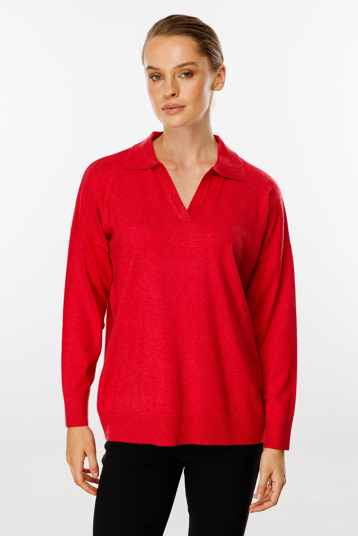 Polo Collar Blouse-Red