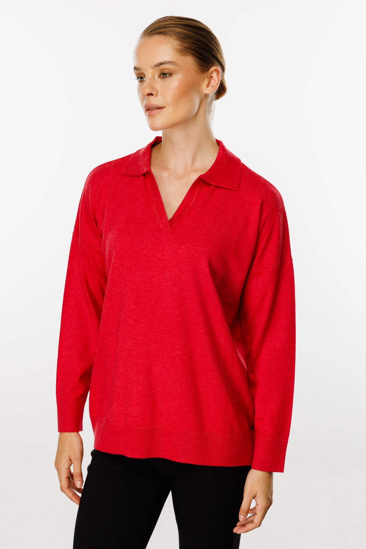 Polo Collar Blouse-Red