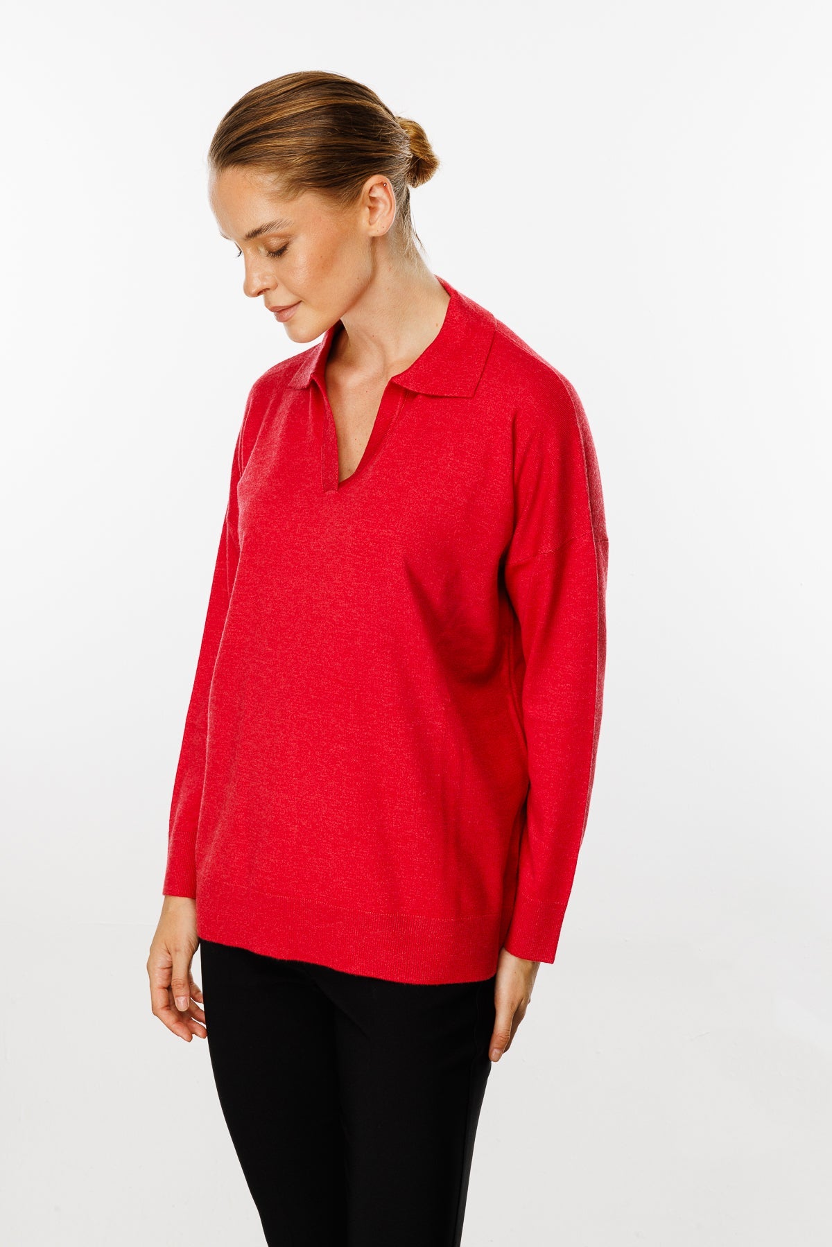Polo Collar Blouse-Red