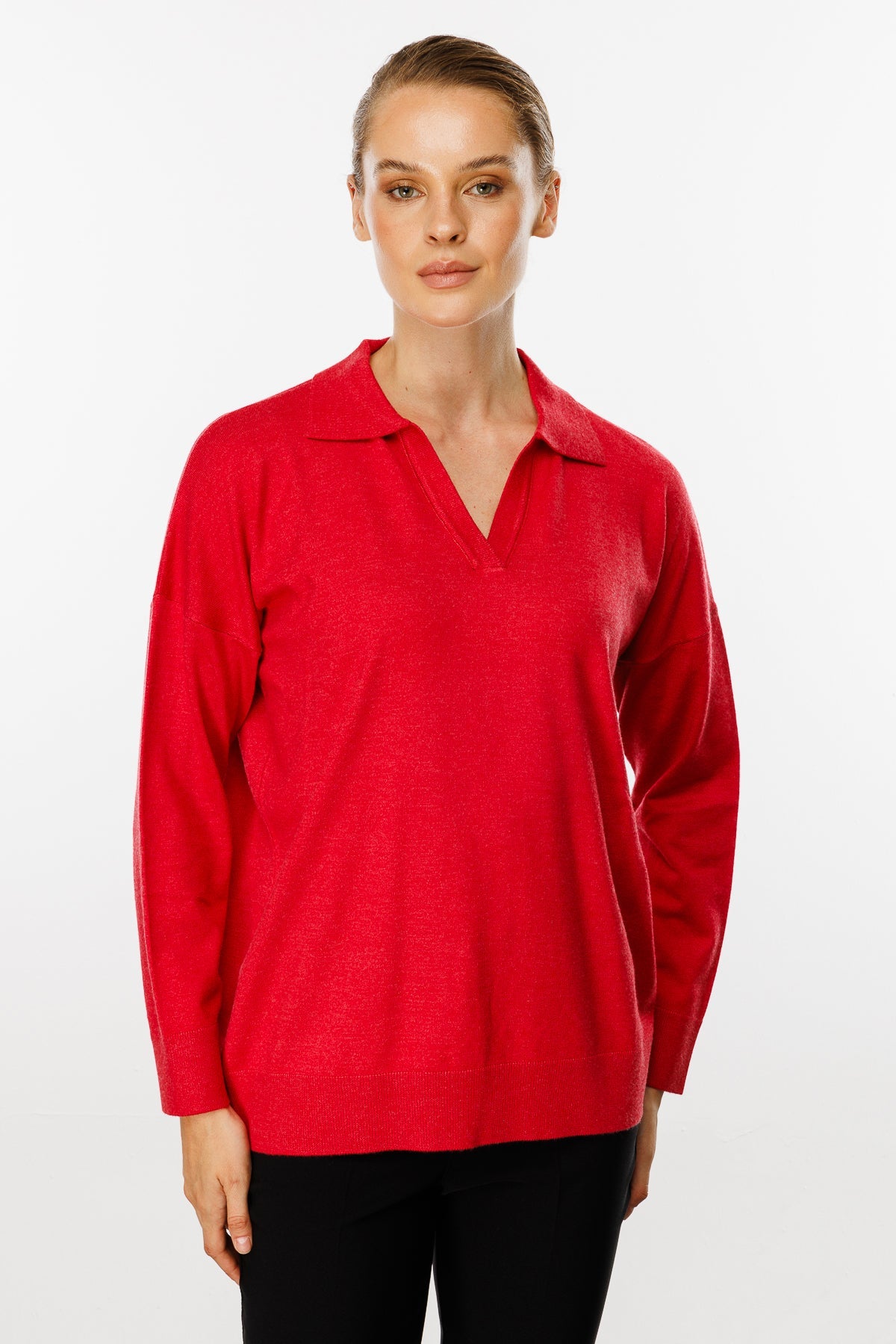 Polo Collar Blouse-Red