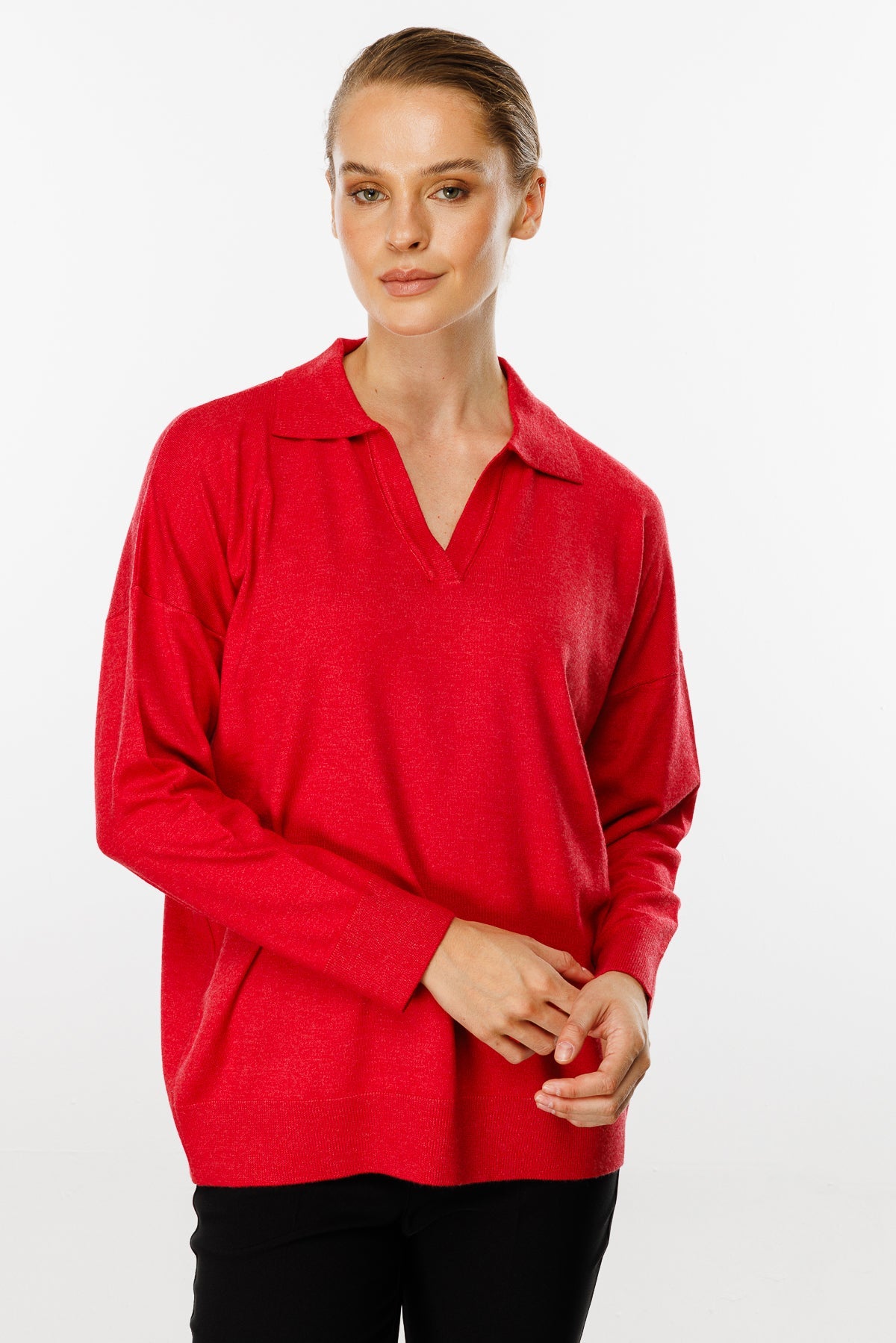 Polo Collar Blouse-Red