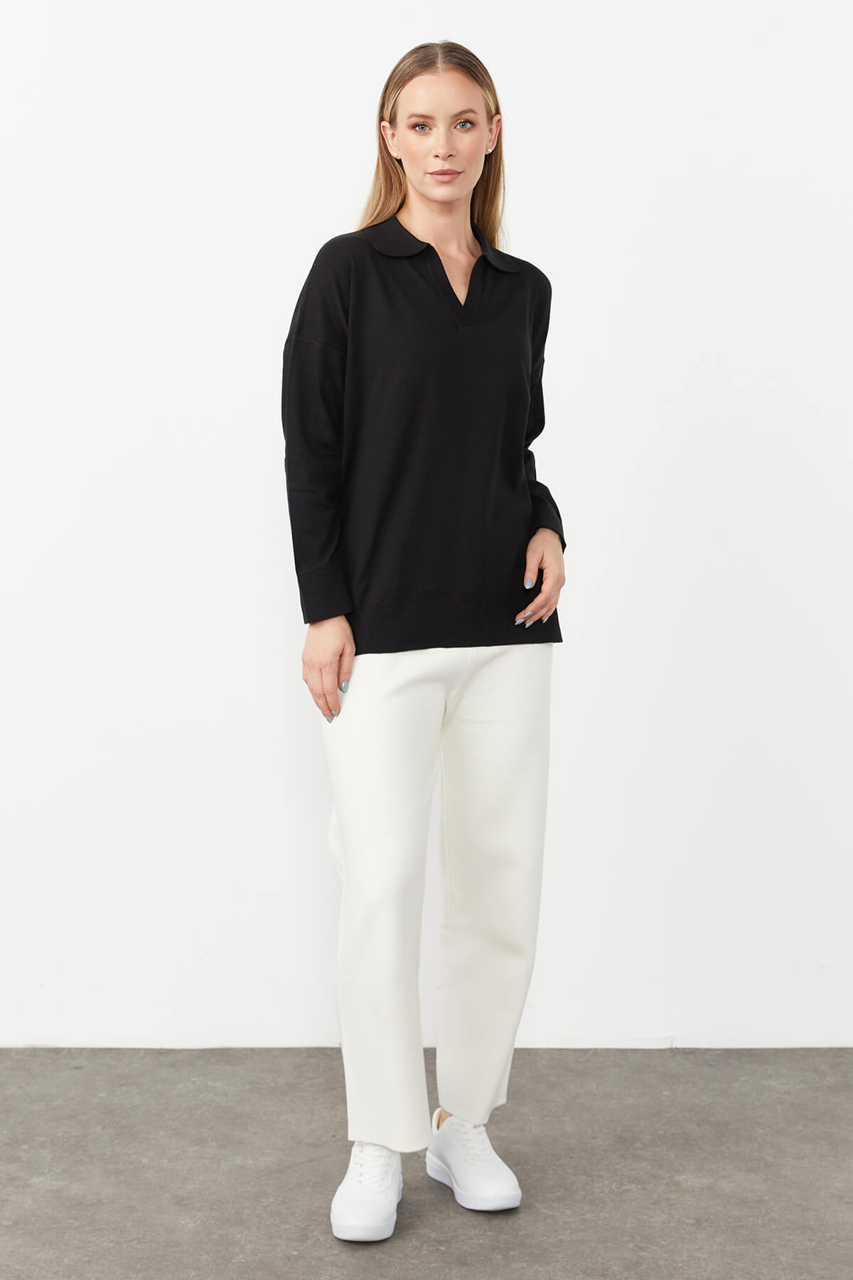 Polo Collar Blouse-Black