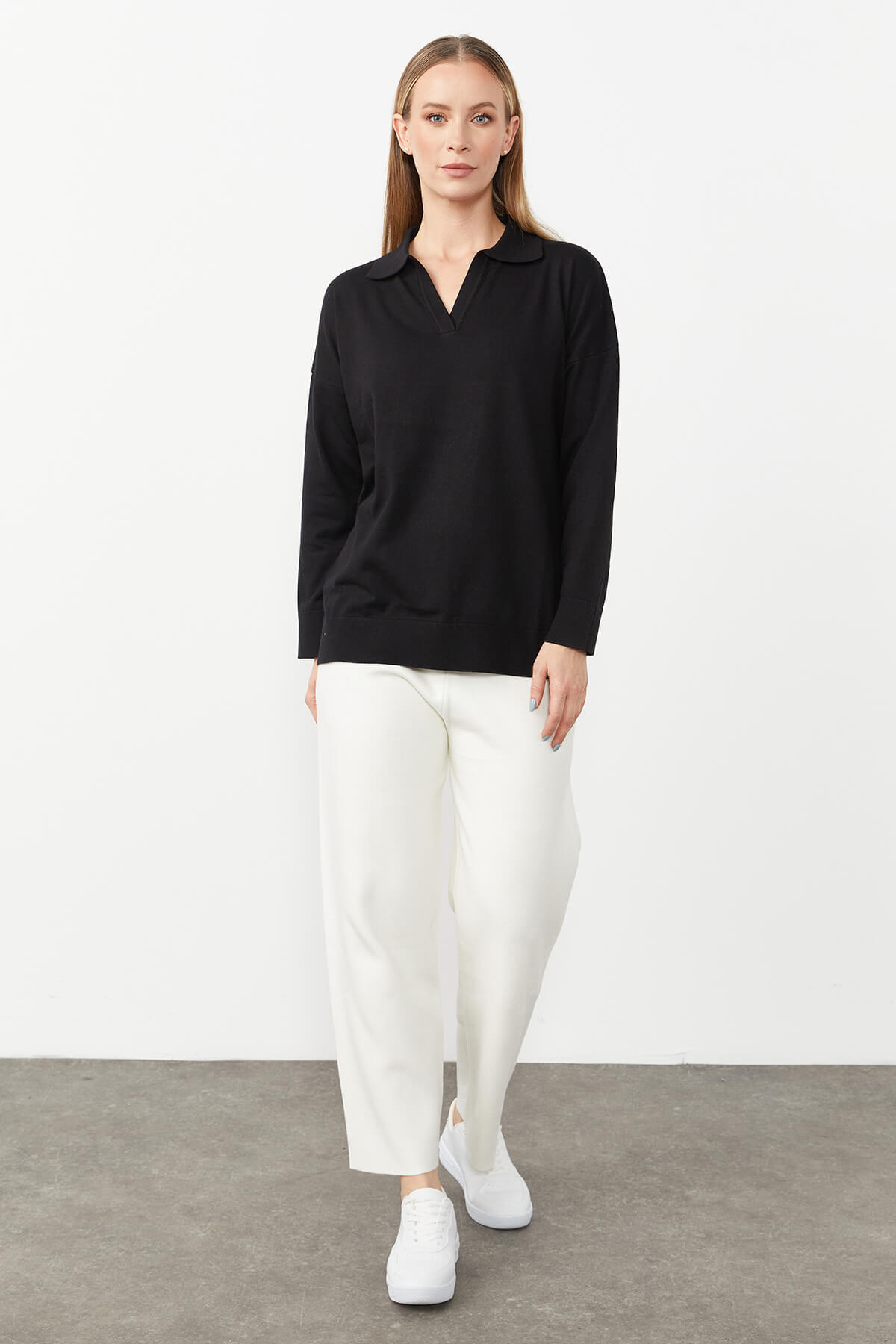 Polo Collar Blouse-Black