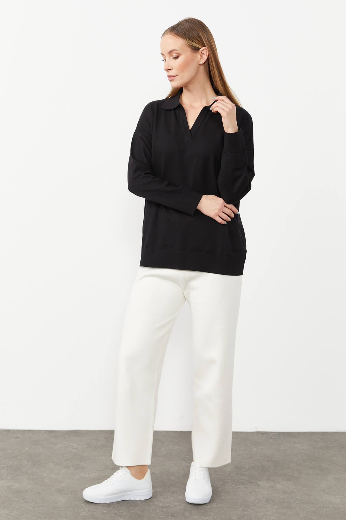 Polo Collar Blouse-Black