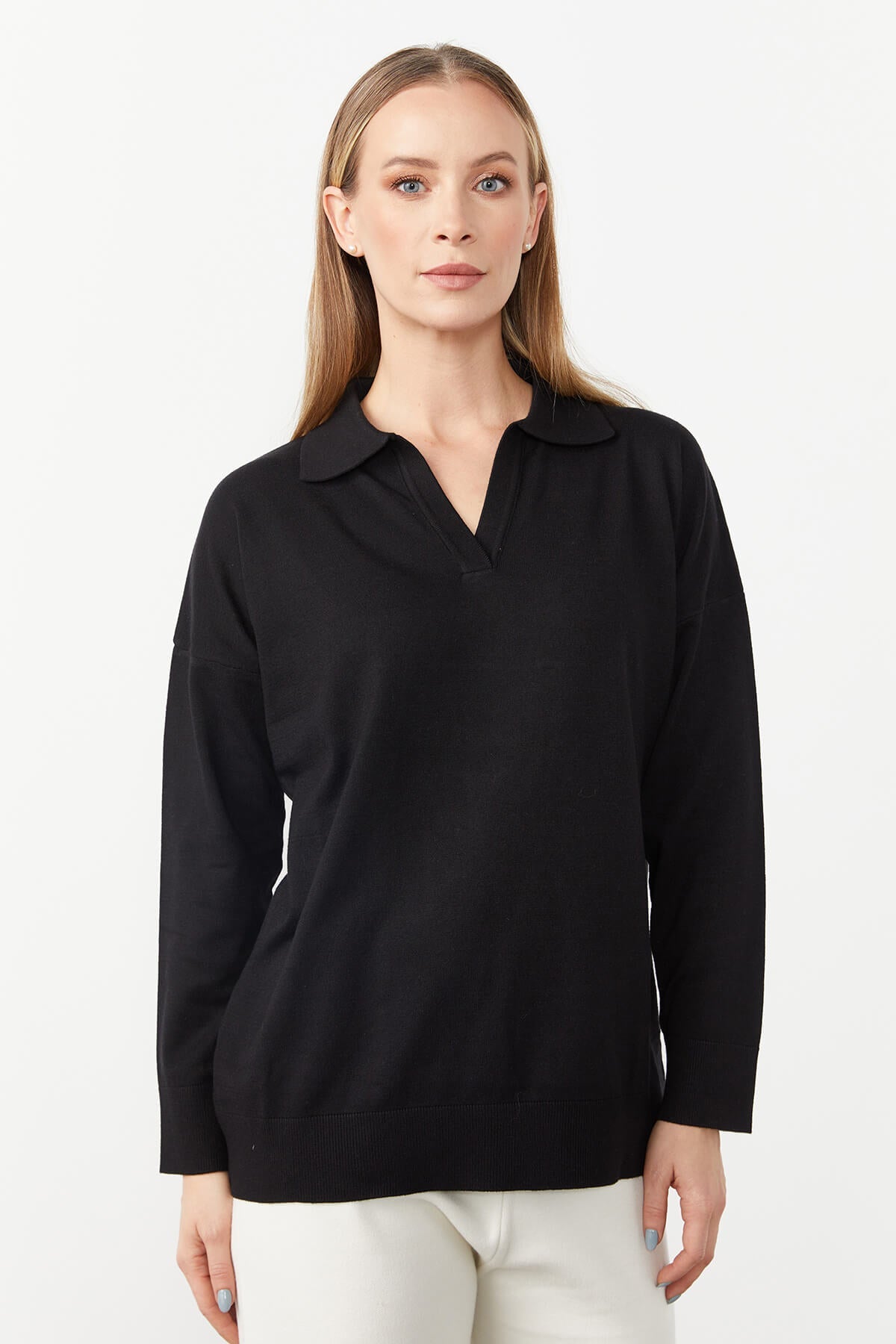 Polo Collar Blouse-Black