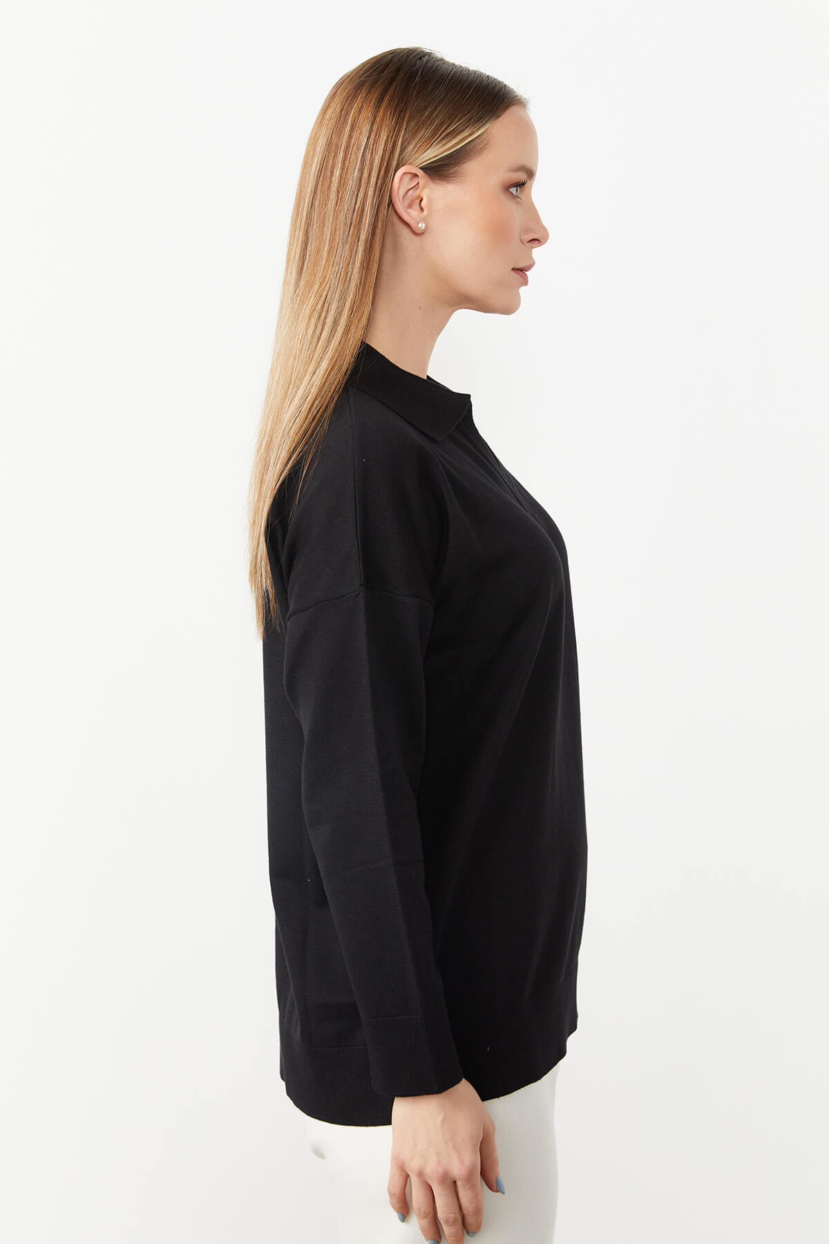 Polo Collar Blouse-Black