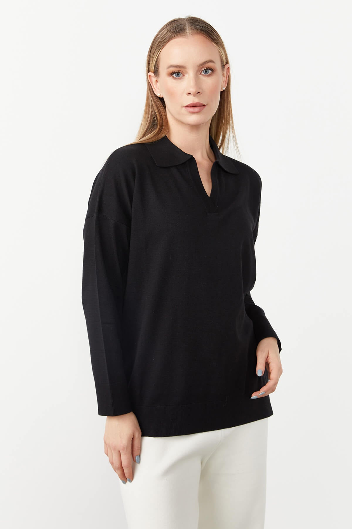 Polo Collar Blouse-Black