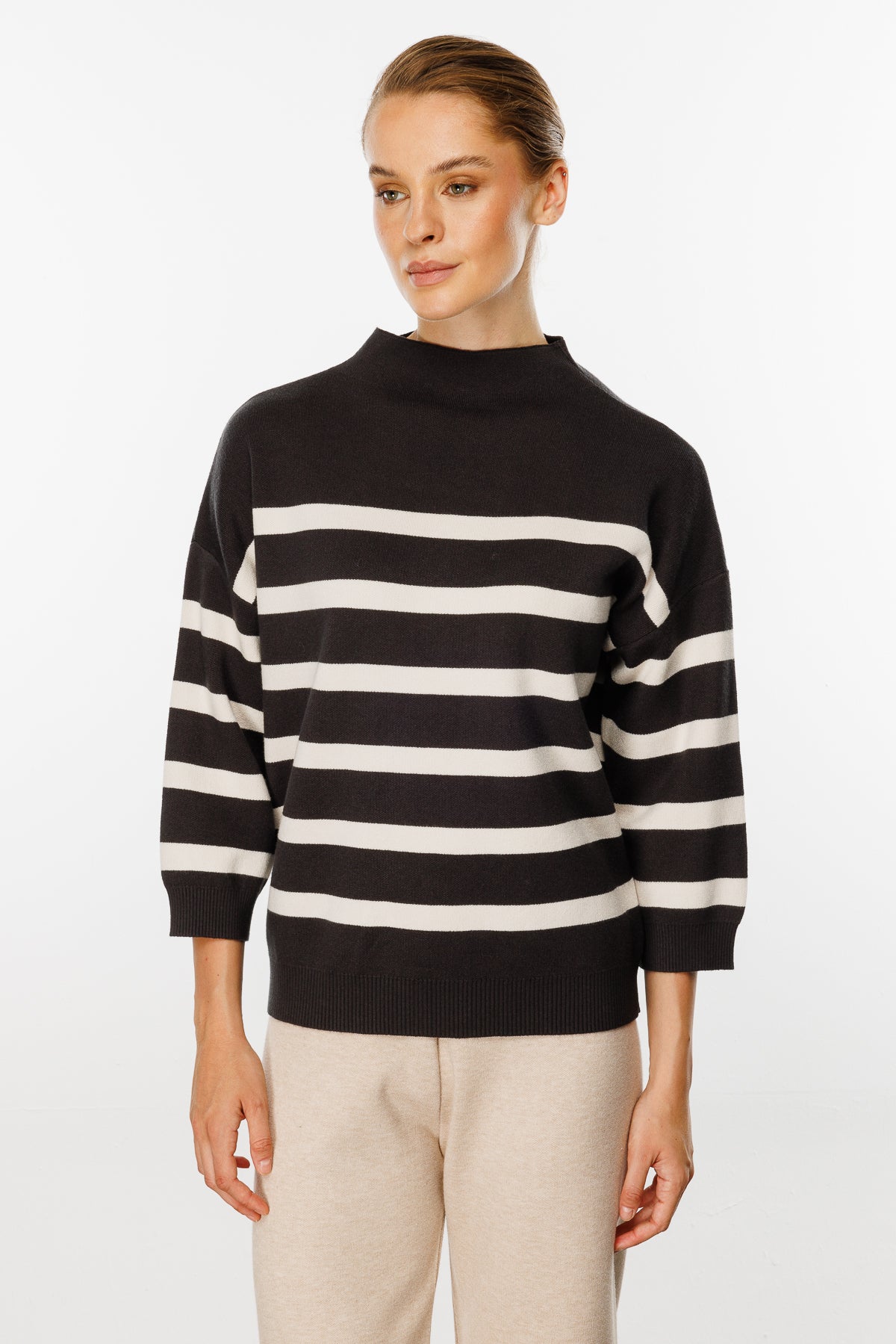 Striped Blouse with Capri Sleeves - Brown/White