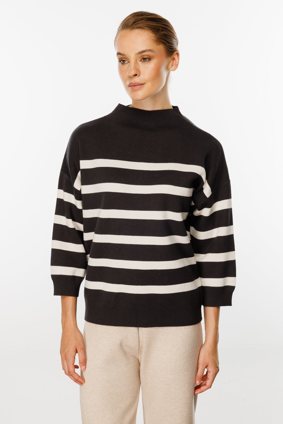 Striped Blouse with Capri Sleeves - Brown/White