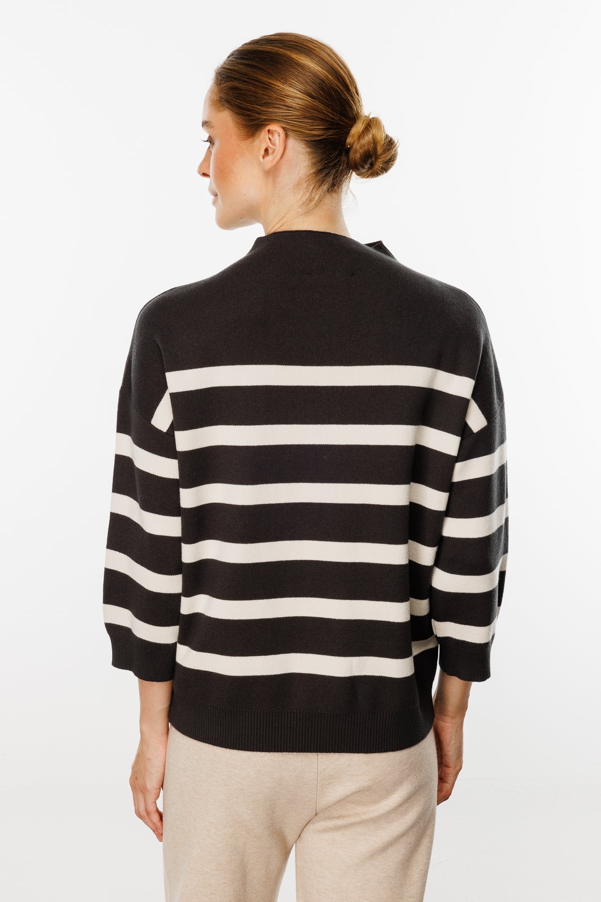 Striped Blouse with Capri Sleeves - Brown/White