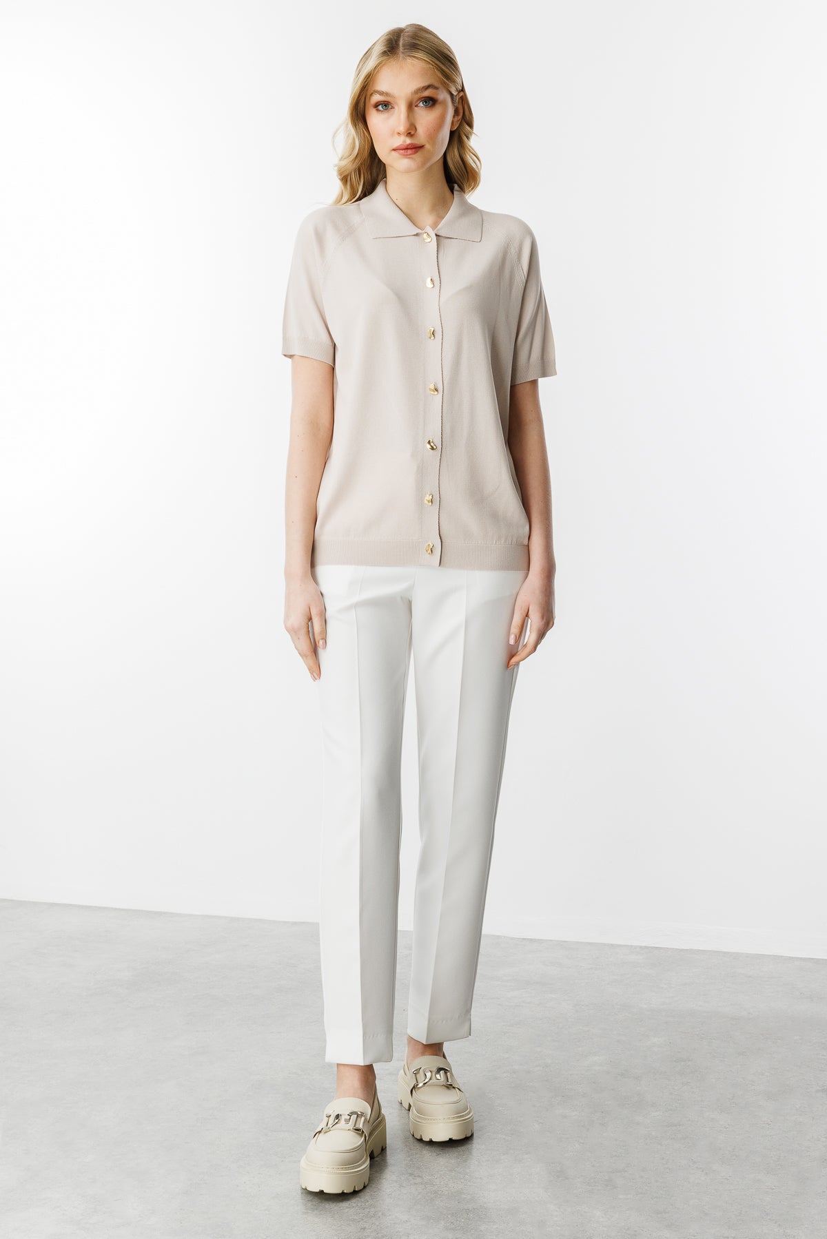 Polo Collar SHORT SLEEVE KNIT CARDIGAN-MINK