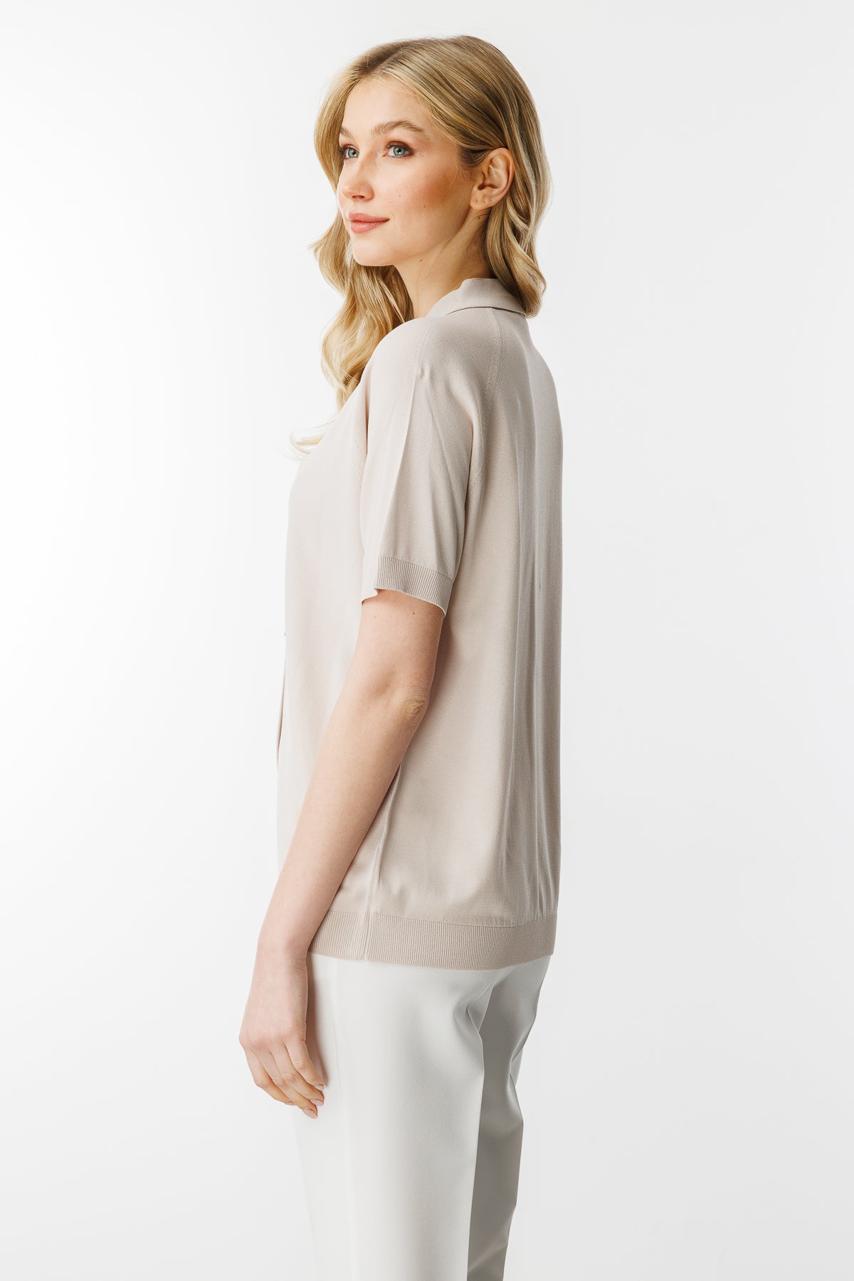 Polo Collar SHORT SLEEVE KNIT CARDIGAN-MINK
