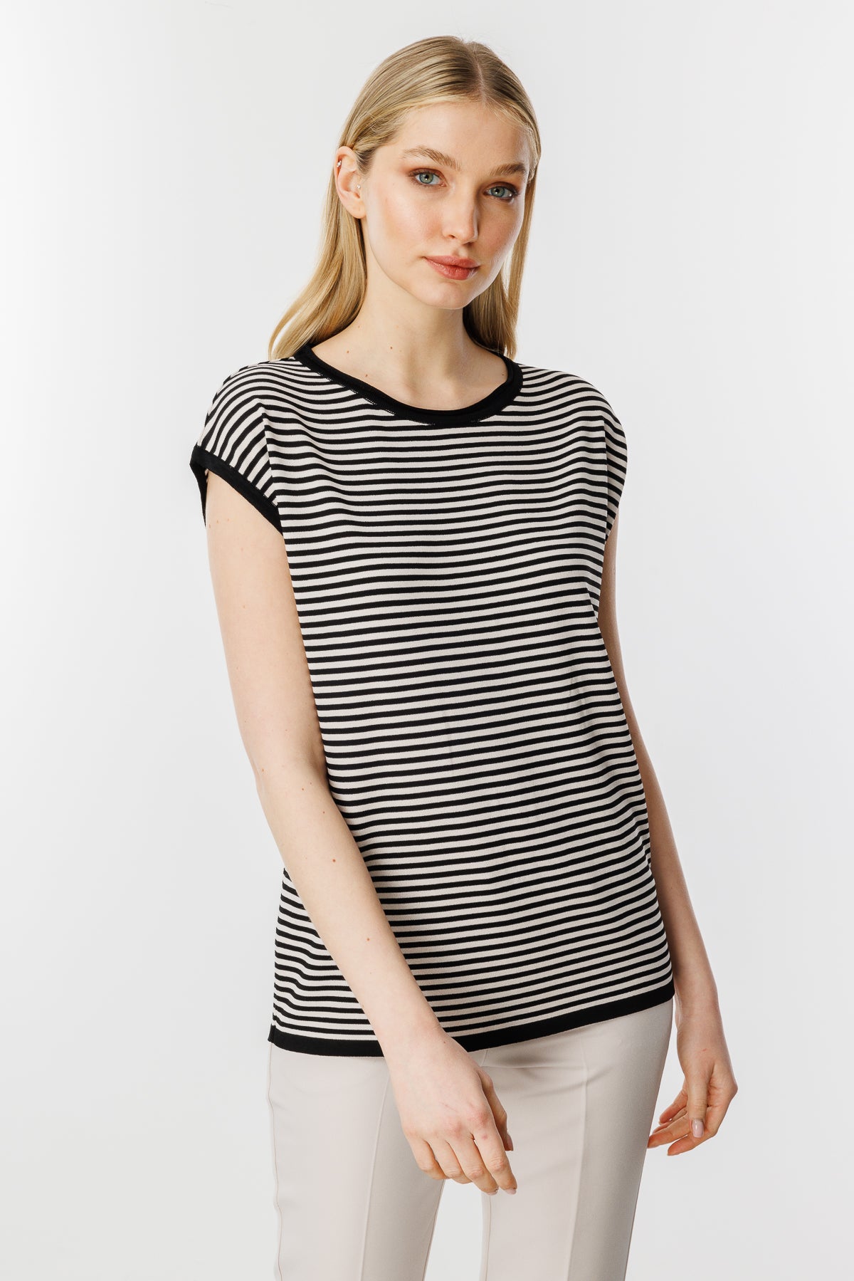 Striped Basic Knit Blouse-Black Mink