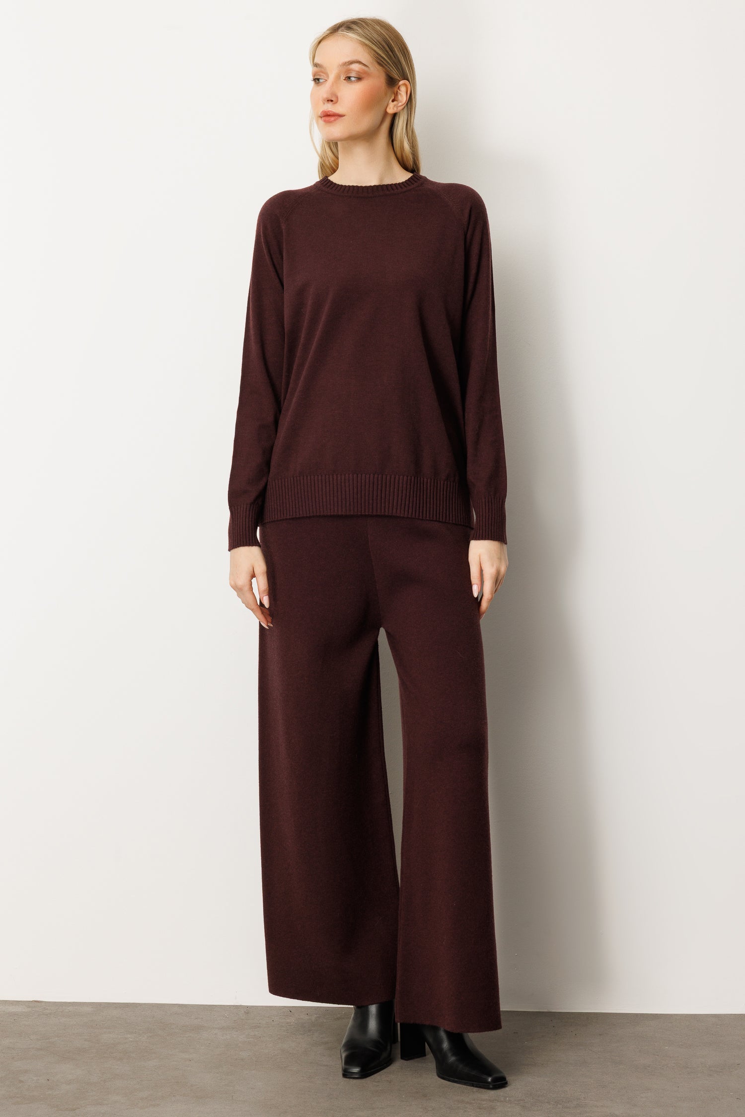 Long-Sleeve Crew Neck Knit Top - Vino