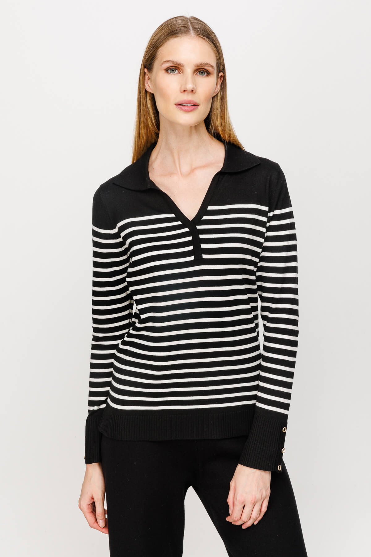 BASIC V-NECK STRIPE BLOUSE BLACK