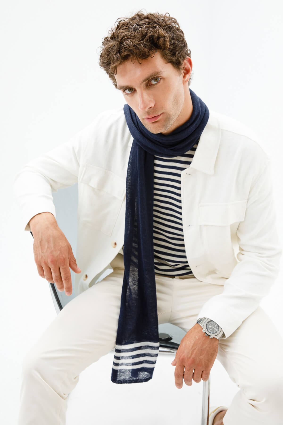 MEN NAVY SCARF NAVY-ECRU