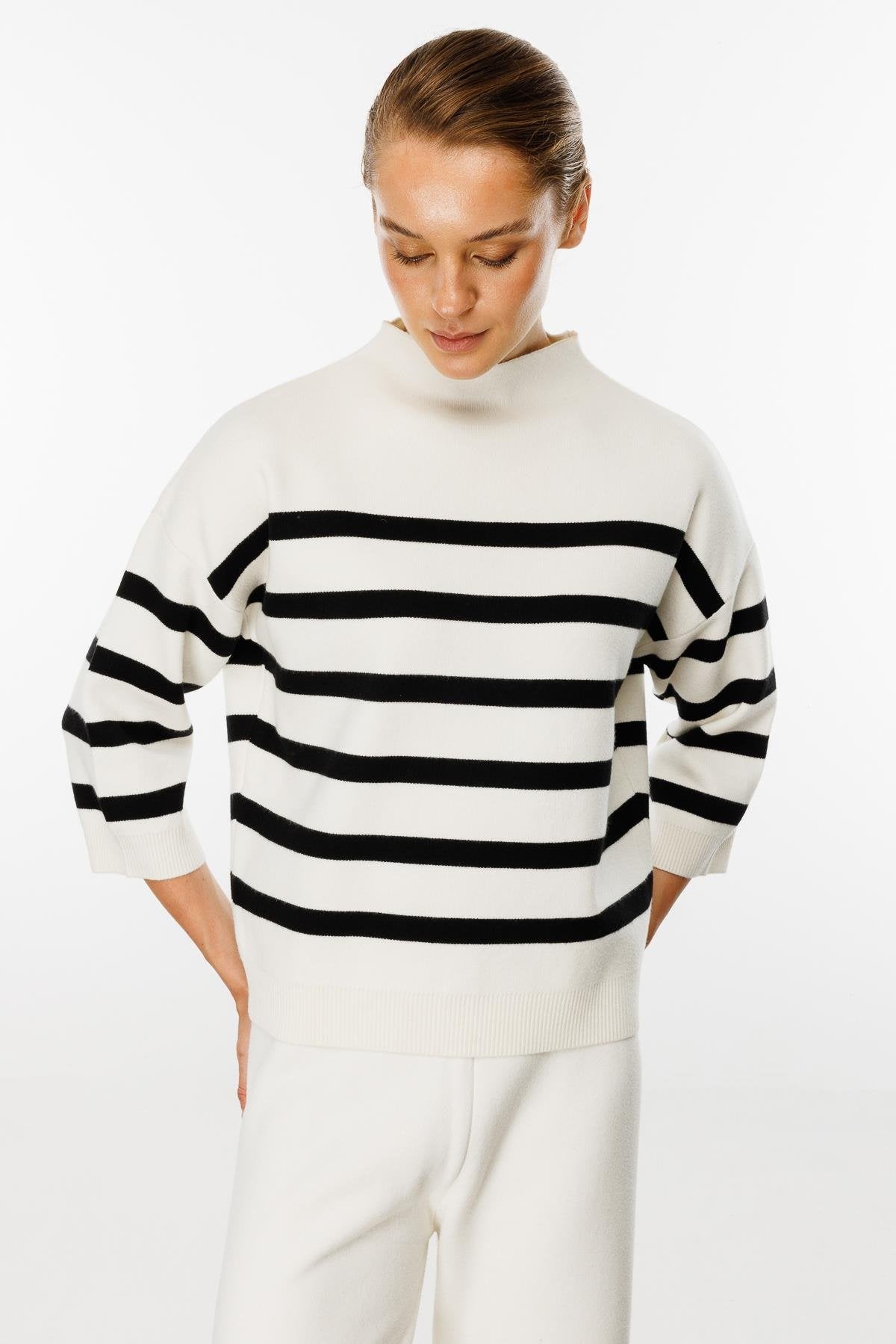 Striped Blouse with Capri Sleeves - White/Black