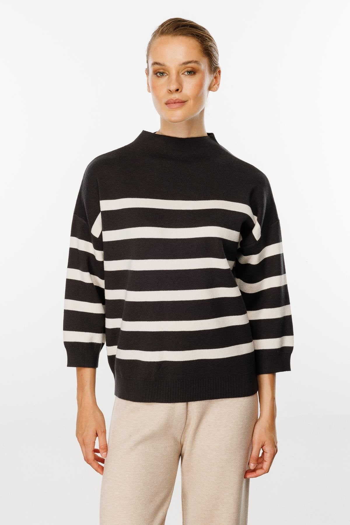 Striped Blouse with Capri Sleeves - Brown/Beige