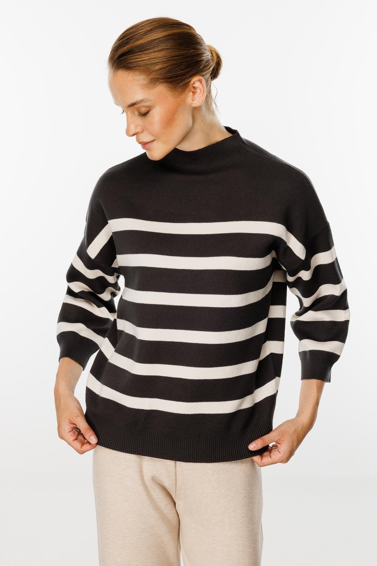 Striped Blouse with Capri Sleeves - Brown/Beige