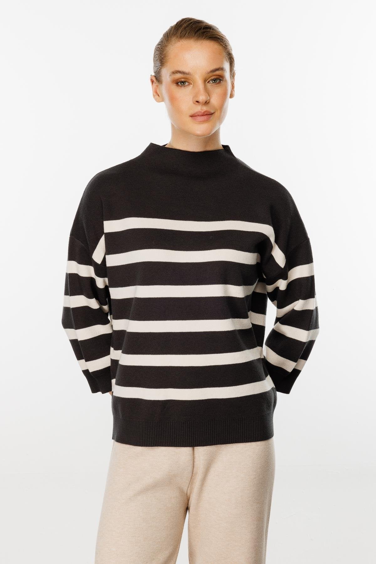 Striped Blouse with Capri Sleeves - Brown/Beige