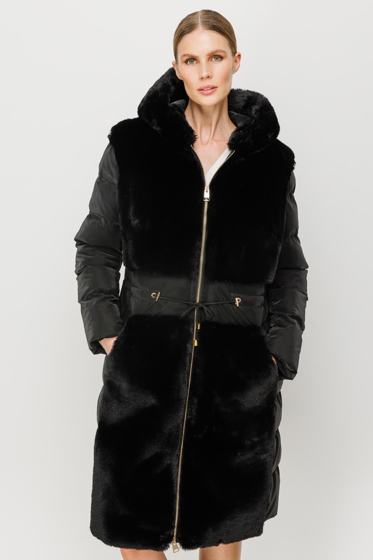 Quilted Puffer Coat with Faux Fur Panel