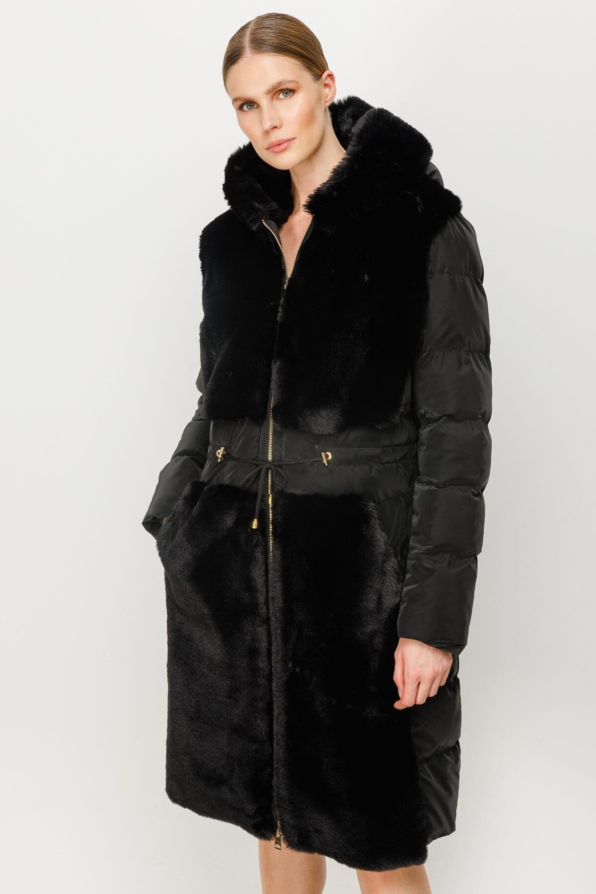 Quilted Puffer Coat with Faux Fur Panel