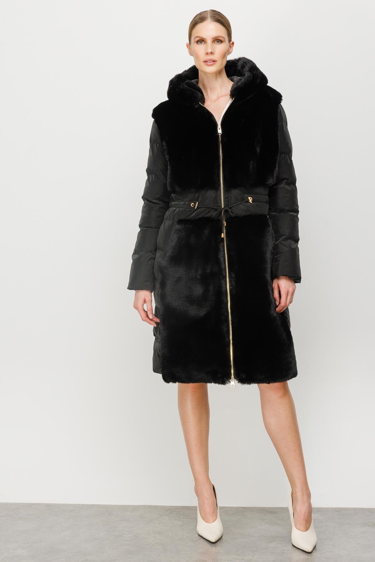 Quilted Puffer Coat with Faux Fur Panel
