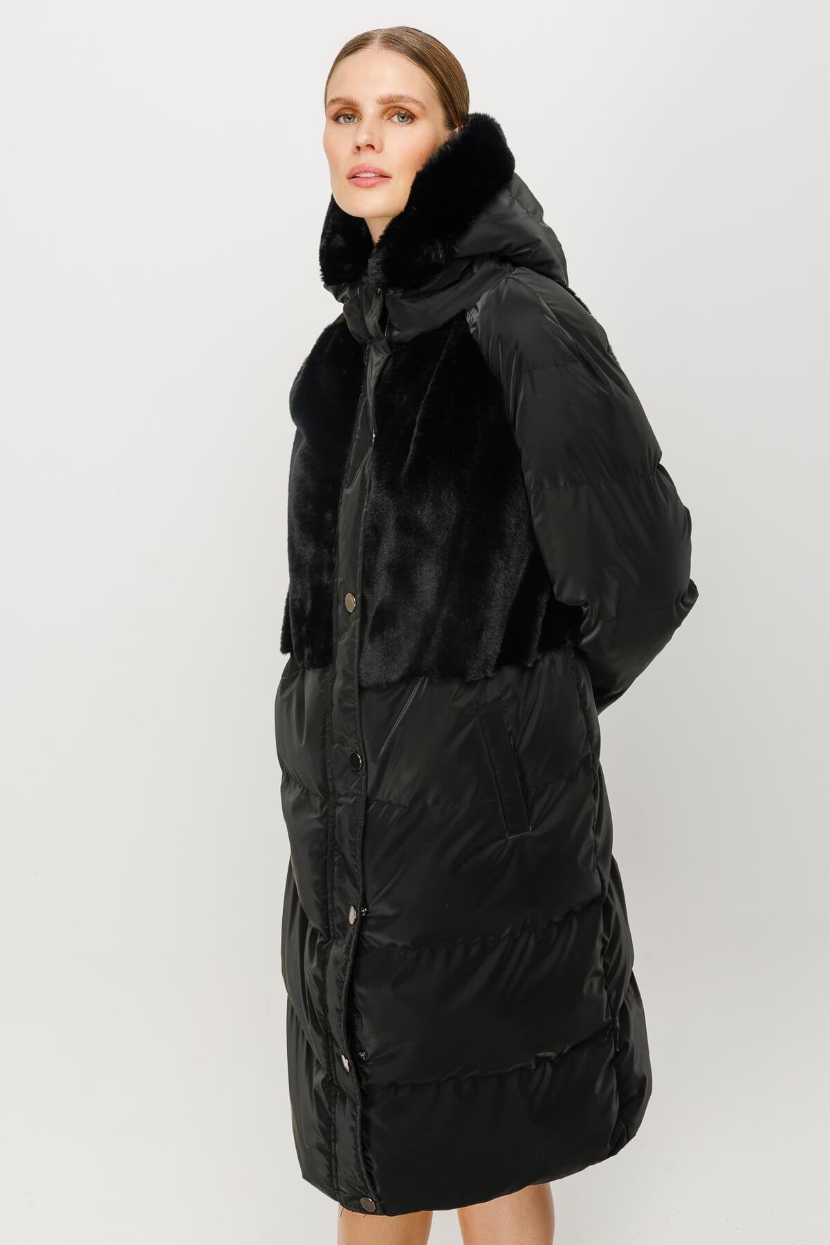 Hooded Quilted Coat with Faux Fur Panels