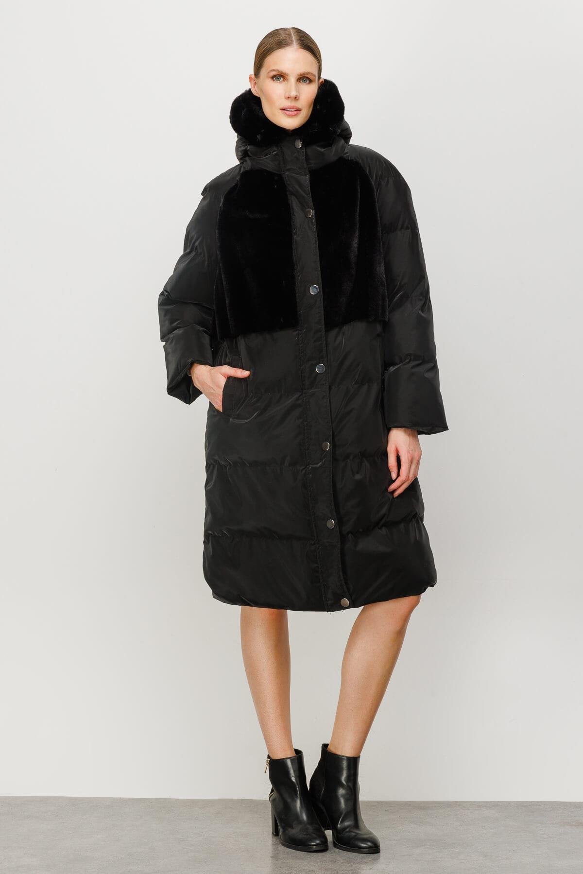 Hooded Quilted Coat with Faux Fur Panels