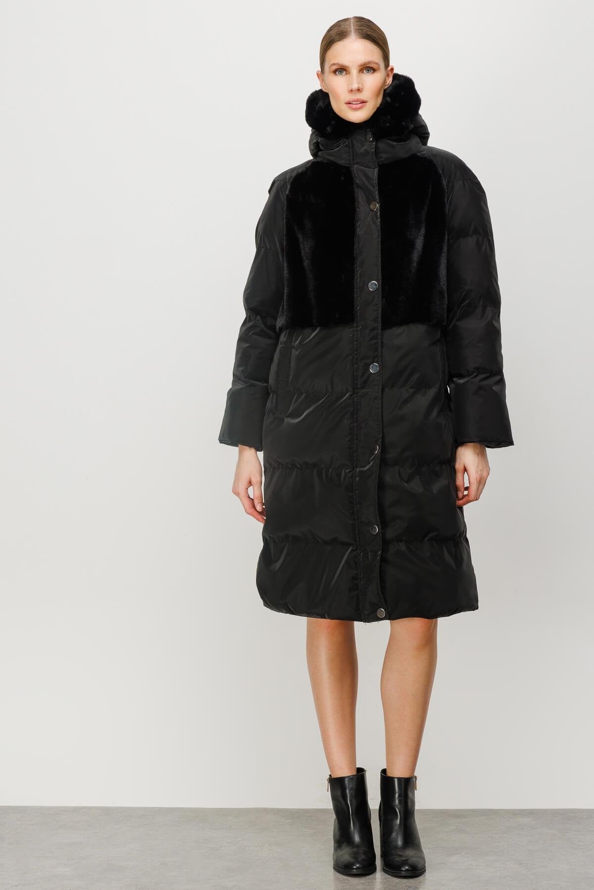 Hooded Quilted Coat with Faux Fur Panels