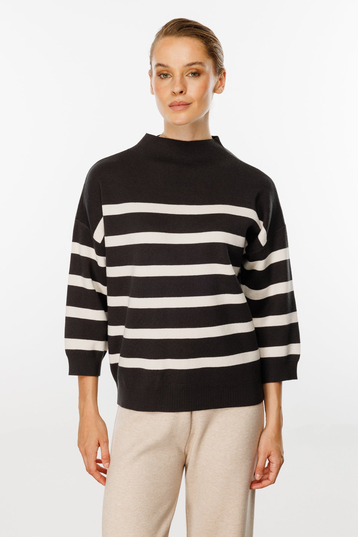 Striped Blouse with Capri Sleeves - Brown/White