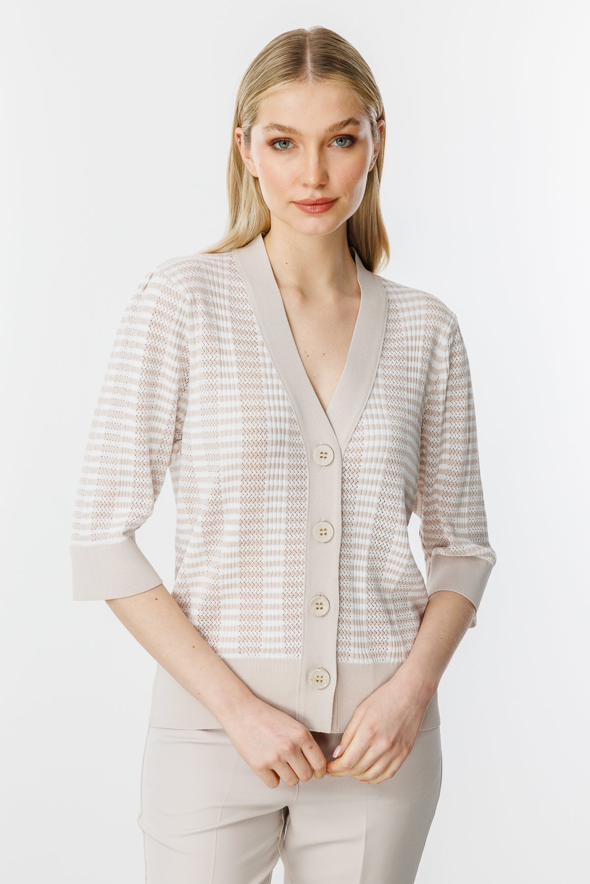 Ajour Colorful Knit Cardigan-Mink Ecru