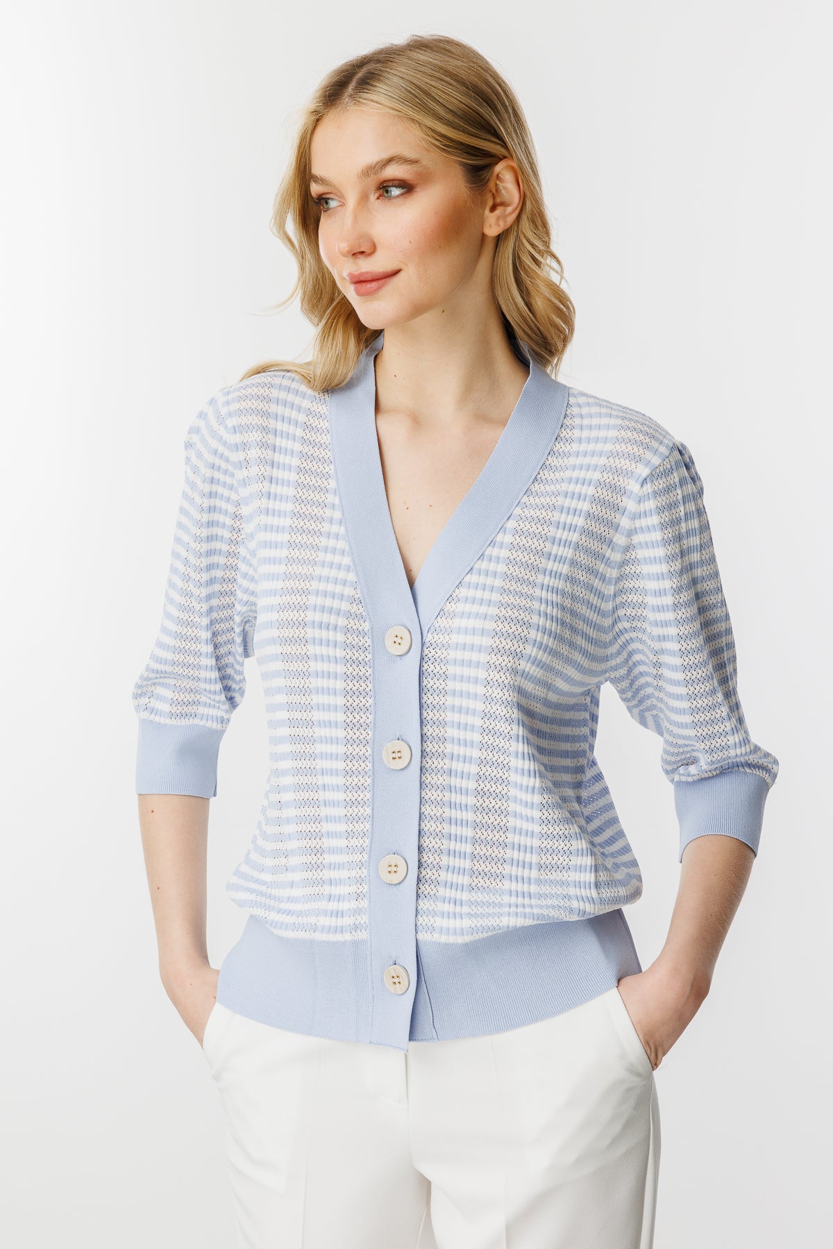 Ajour Colorful Knit Cardigan-Blue Ecru