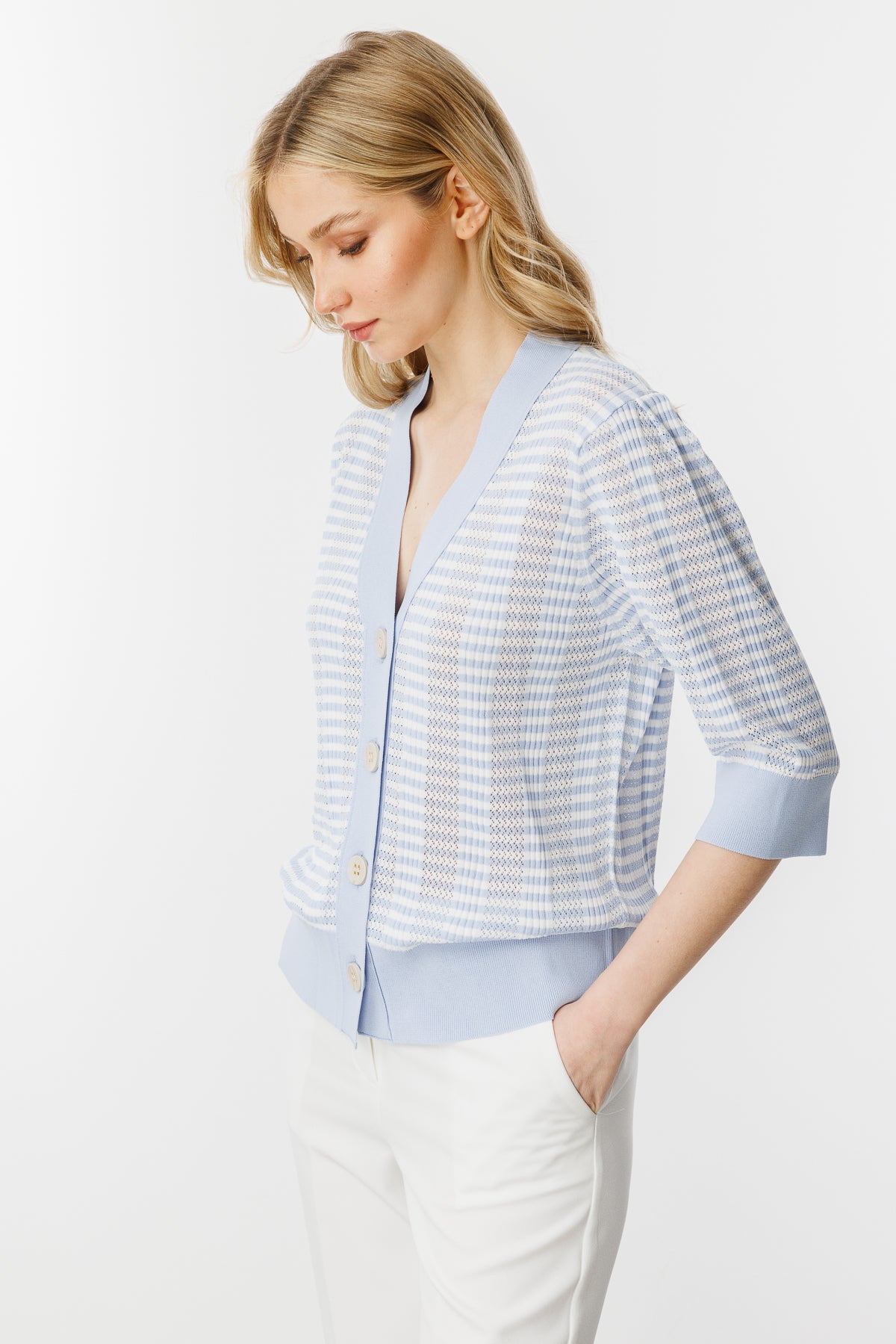 Ajour Colorful Knit Cardigan-Blue Ecru