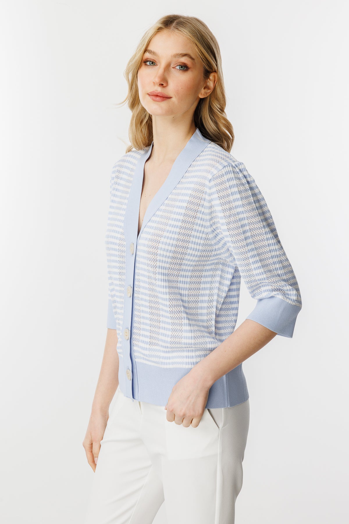 Ajour Colorful Knit Cardigan-Blue Ecru