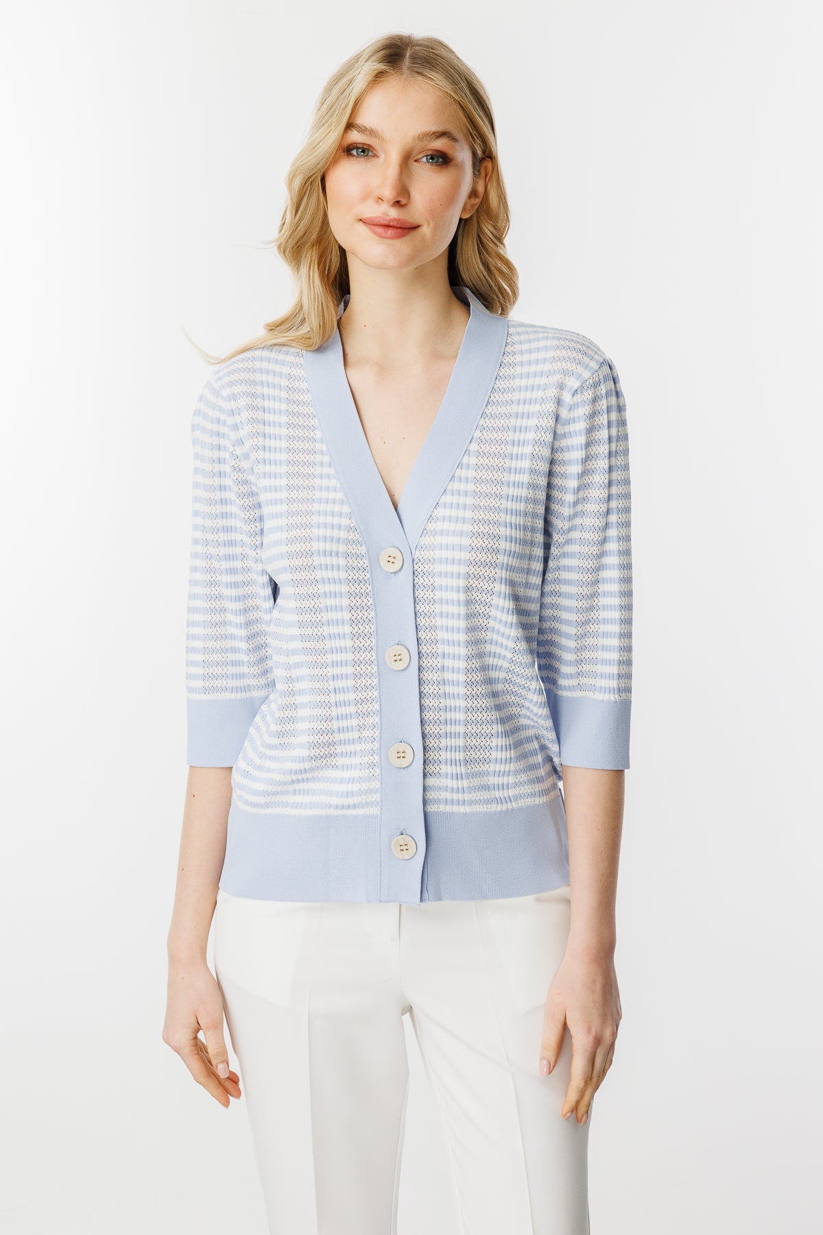 Ajour Colorful Knit Cardigan-Blue Ecru