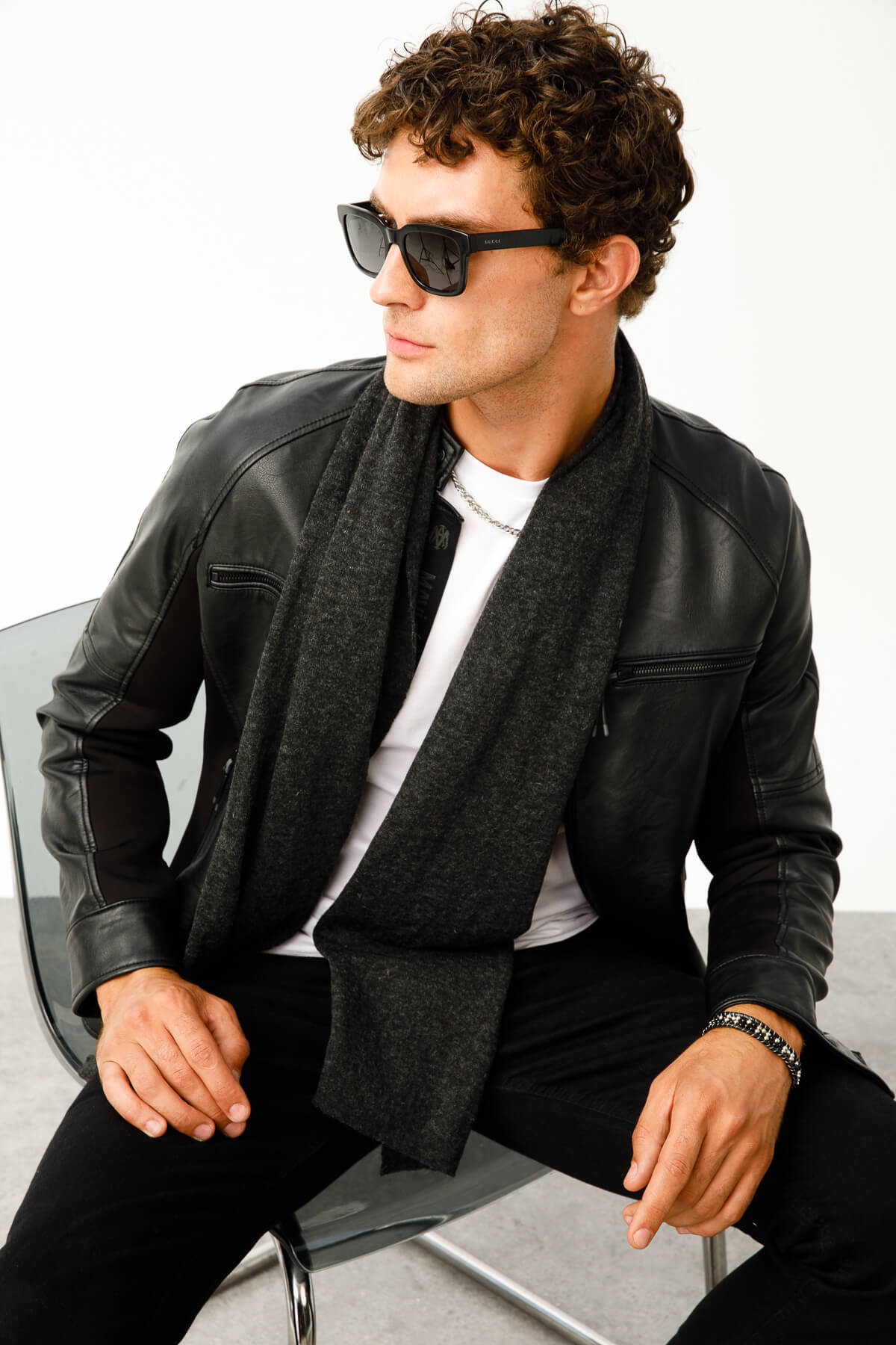 MEN ANGORA SCARF BLACK-GREY