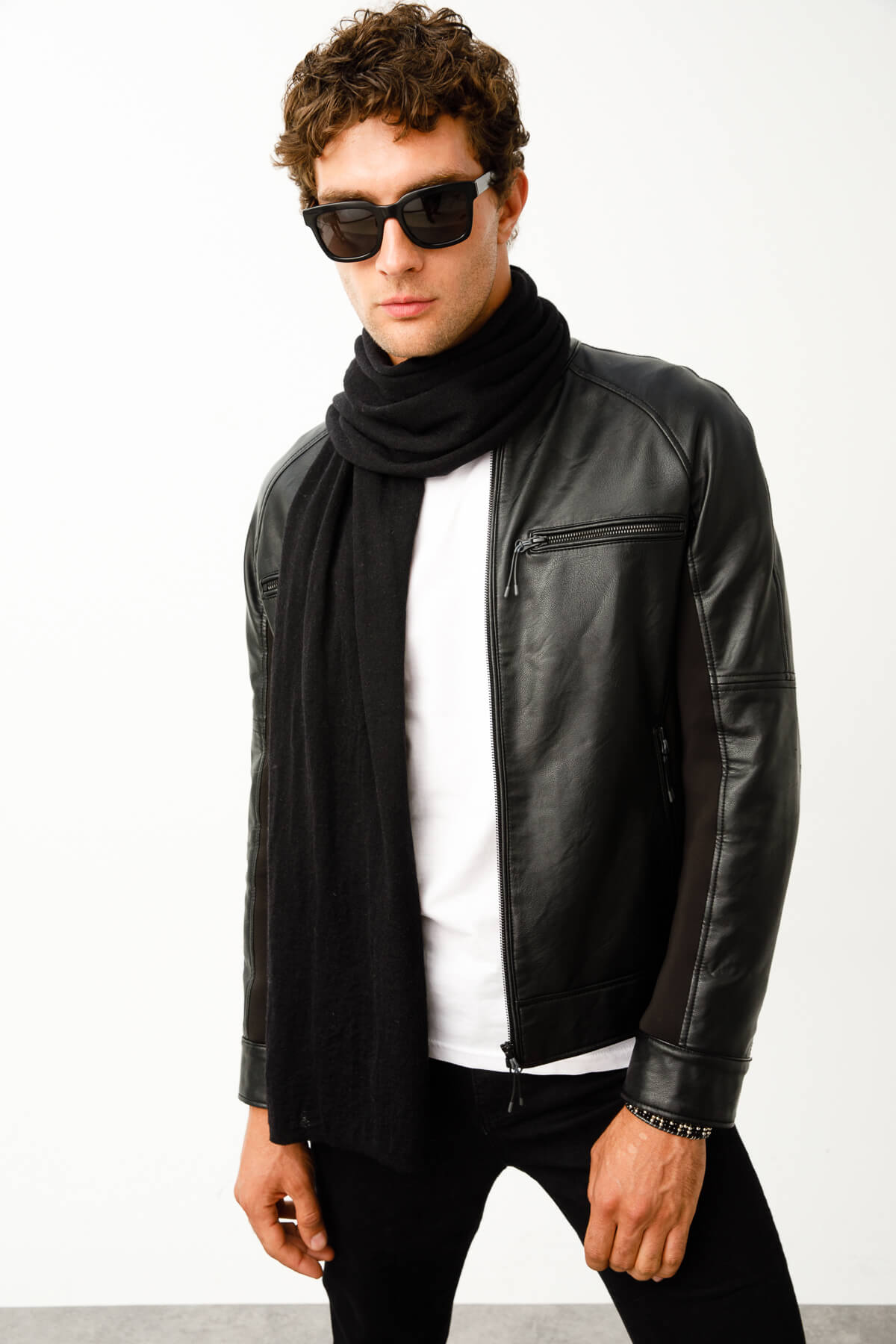 MEN ANGORA SCARF BLACK-GREY