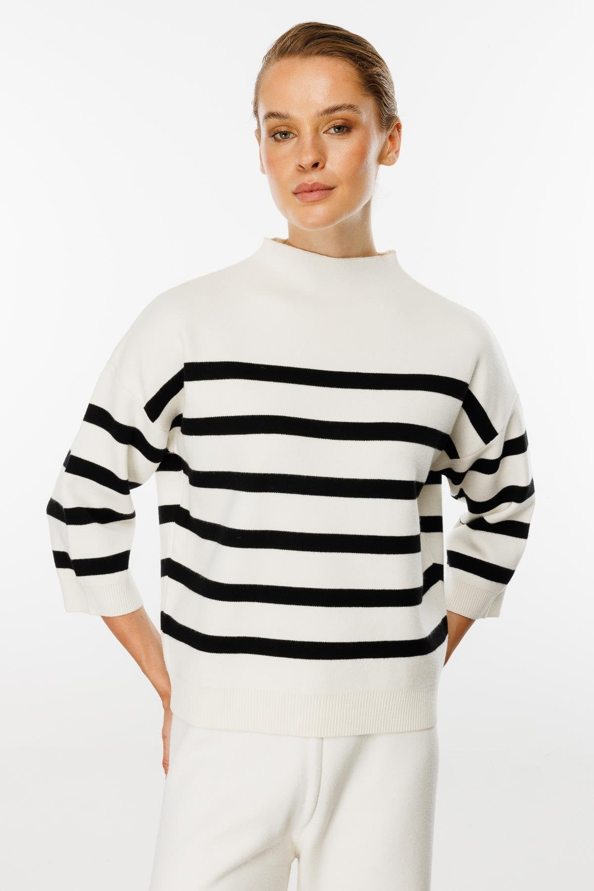 Striped Blouse with Capri Sleeves - White/Black